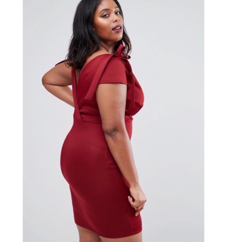 Asos Curve Tie Shoulder V-Neck Berry Mini Dress - Picture 3 of 4